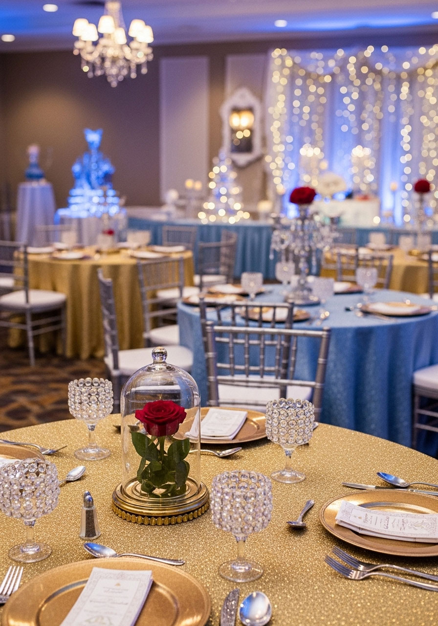 A magical Disney Princess baby shower with regal decor, including a glass slipper for Cinderella and a single red rose for Belle.