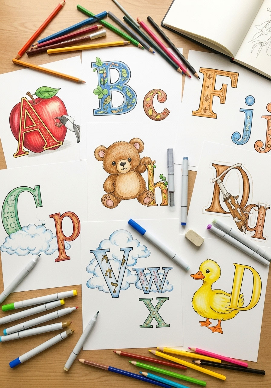 Hand-illustrated pages of a DIY ABC book laid out on a table, a collaborative and creative baby shower activity where guests create a keepsake book.