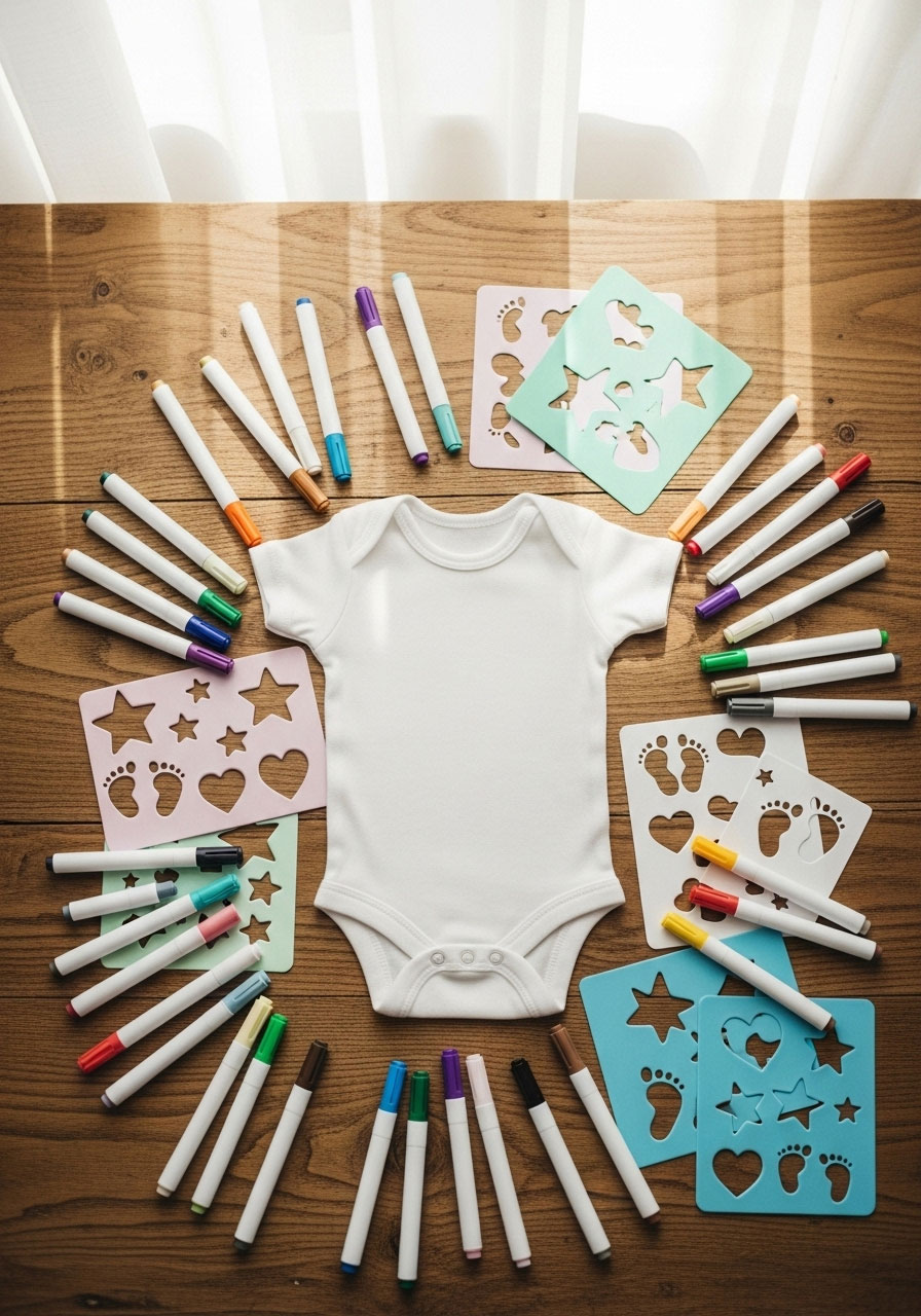 A fun baby shower activity station where guests use colorful fabric markers to decorate white baby onesies.