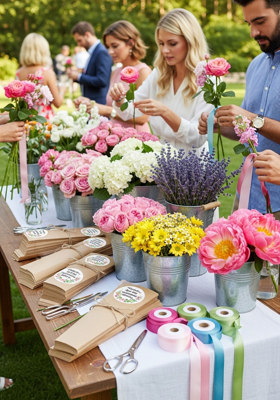 DIY bouquet bar station where guests create their own flower arrangements as take-home party favors, interactive baby shower activity