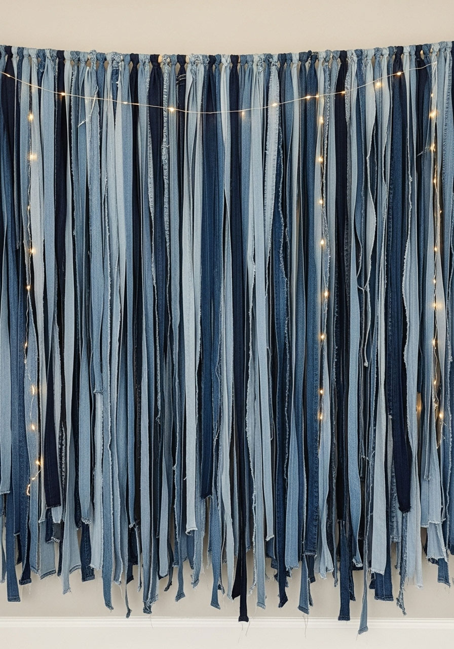 Budget-friendly frayed denim strip backdrop tied on dowel for denim baby shower, fairy lights and organic flow, easy DIY wall hanging