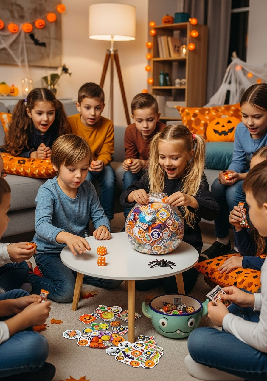 Children playing DIY Halloween saran wrap ball game with prizes and dice for kids parties