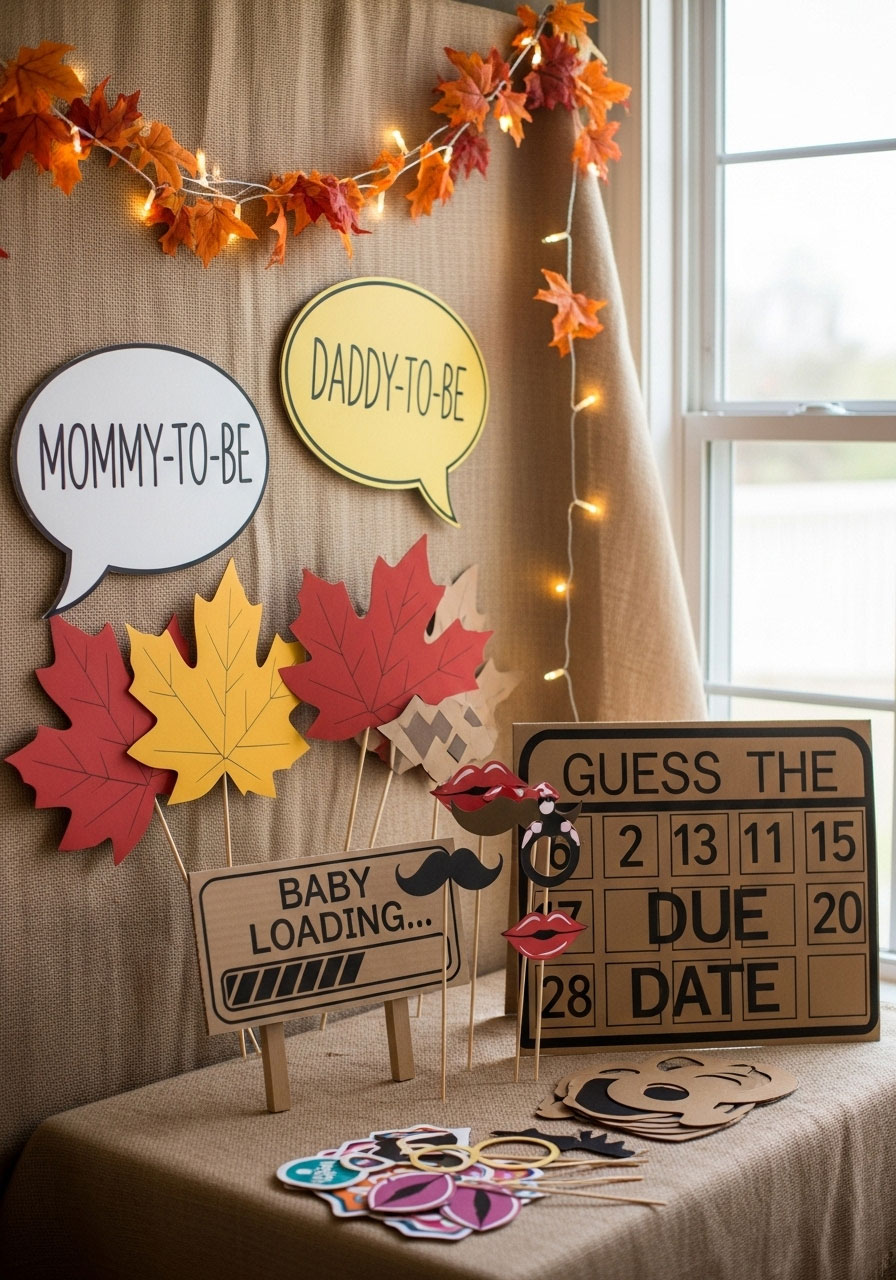 DIY fall baby shower photo booth with cardboard props like "Mommy-to-Be" signs and oversized leaves, set up for fun photos