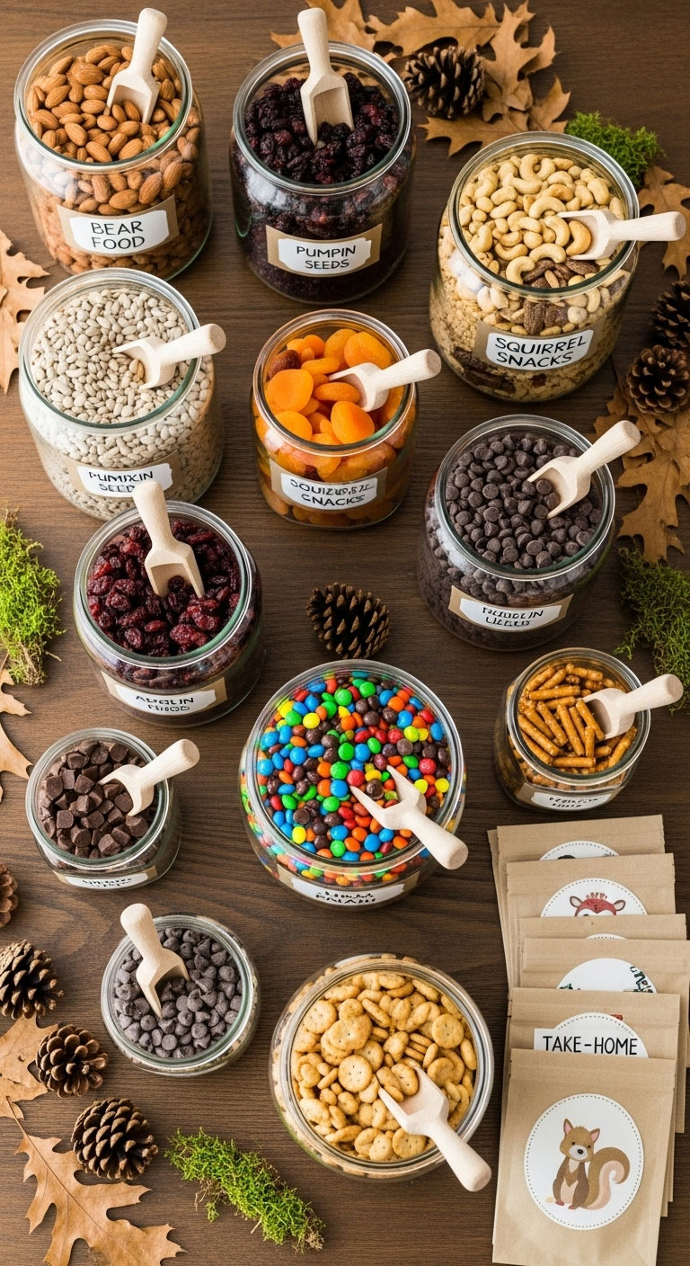 Interactive woodland baby shower trail mix bar with labeled jars, nuts, dried fruits, and take-home bags for forest-themed party activity