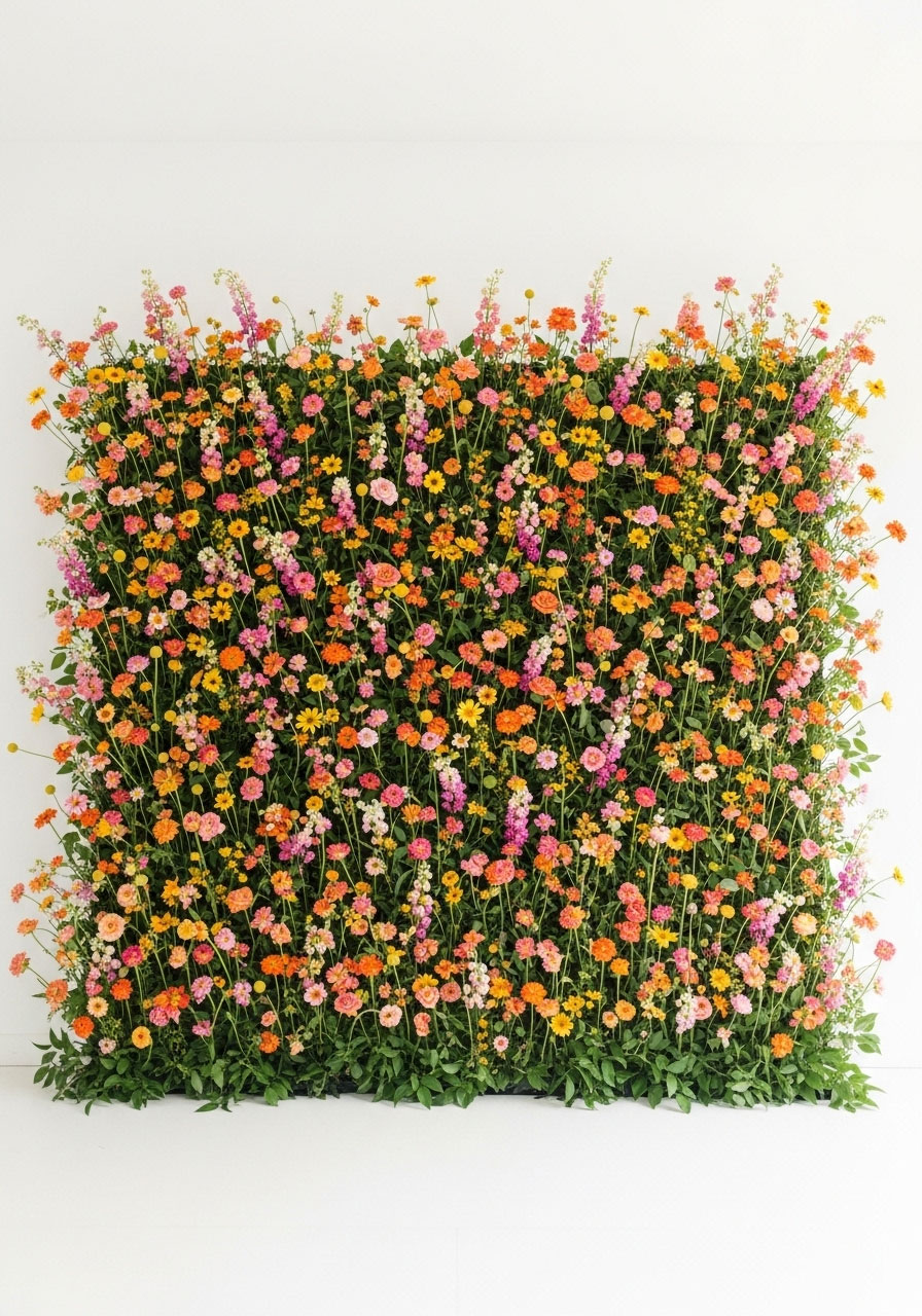 DIY wildflower wall backdrop with fresh mixed wildflowers in sunset colors creating stunning photo booth backdrop for baby shower party