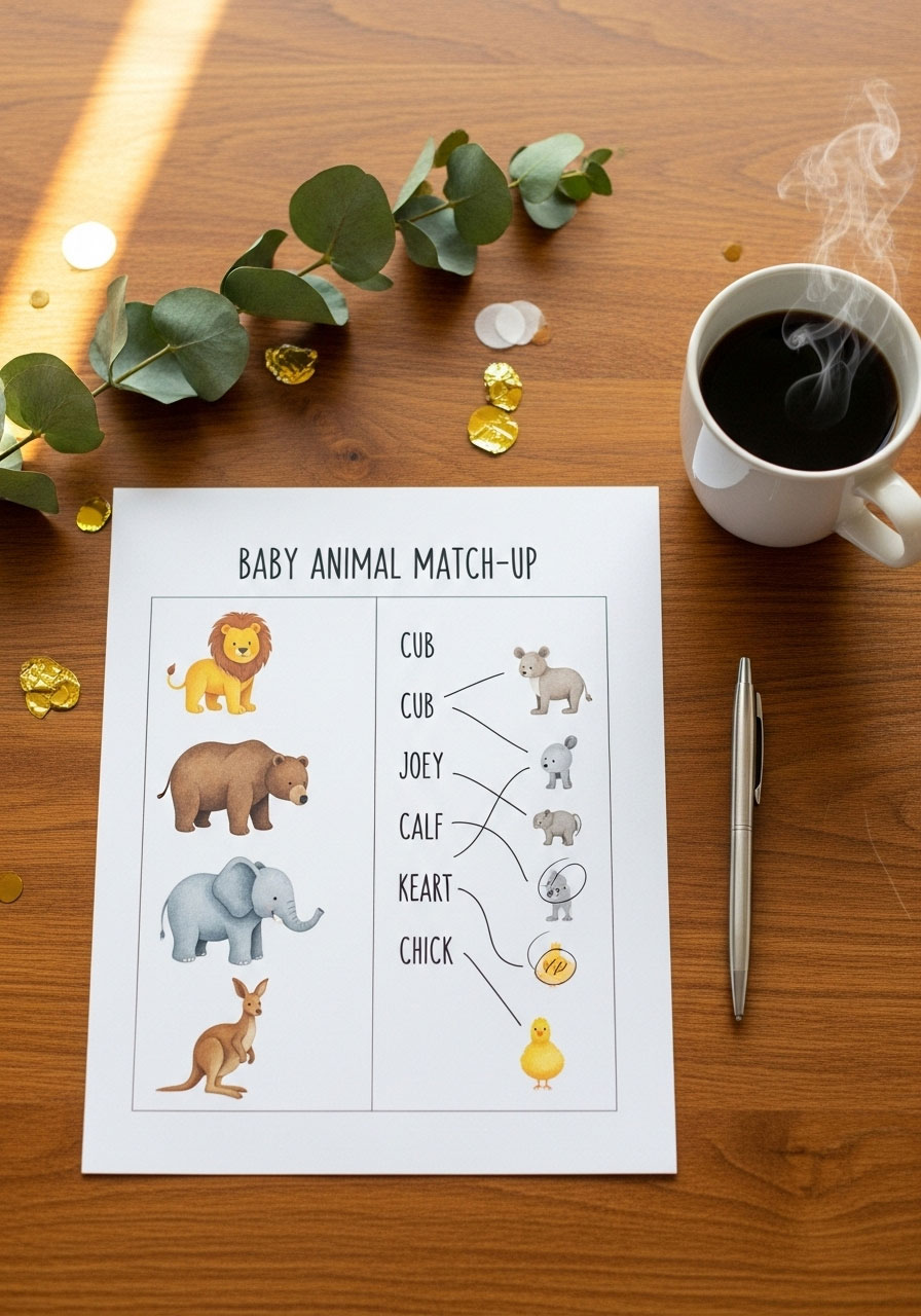 A flat lay of a printable 'Baby Animal Match-Up' game sheet on a decorated table, a fun and simple pen-and-paper game for a baby shower.