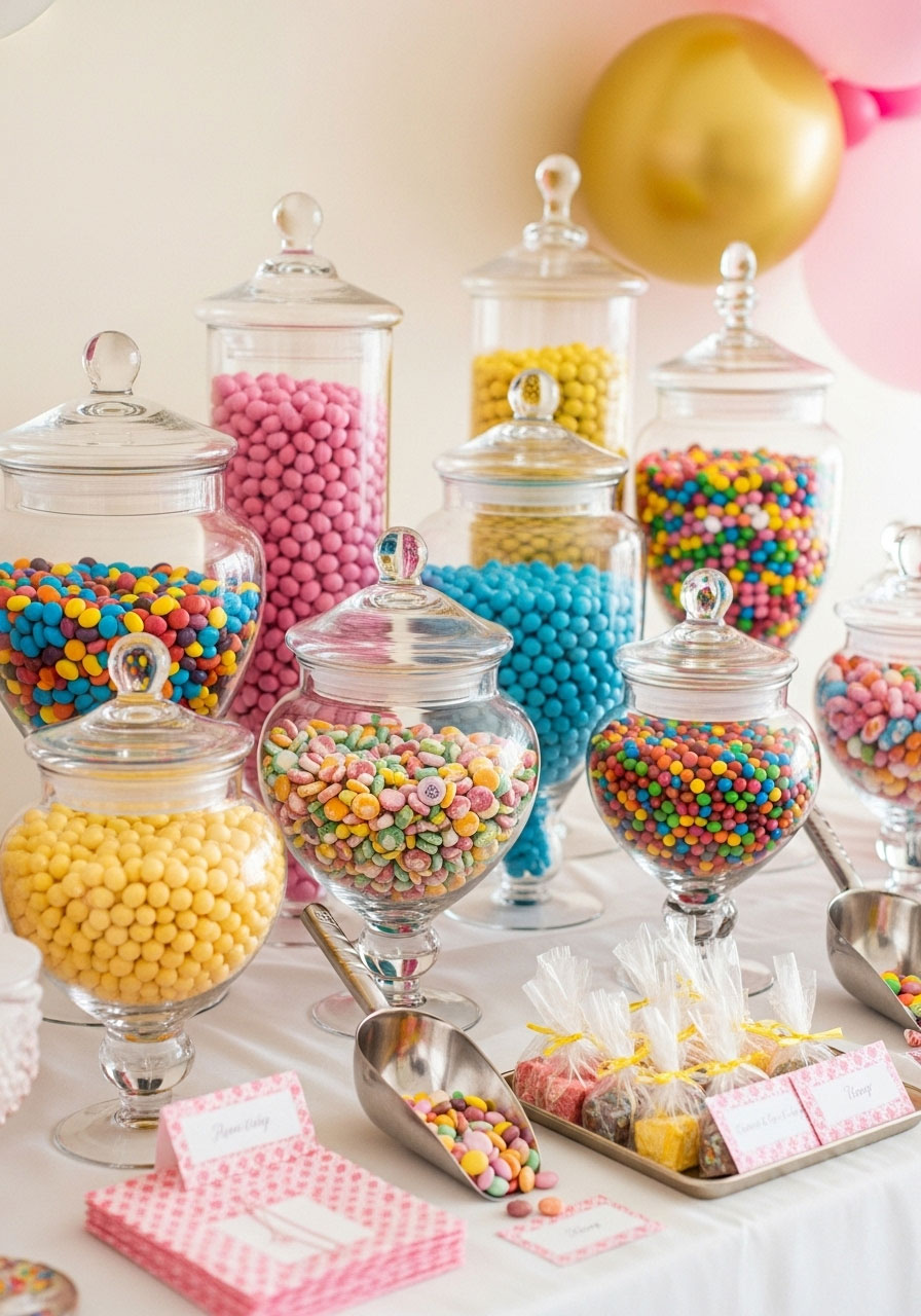 A vibrant candy buffet with various glass jars filled with colorful candy, set up as a fun, interactive station for a baby shower.