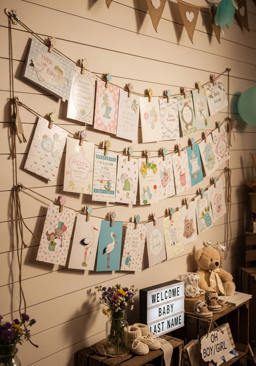 A charming display of greeting cards hung on a clothesline with decorative clothespins, serving as both decor and a card holder.