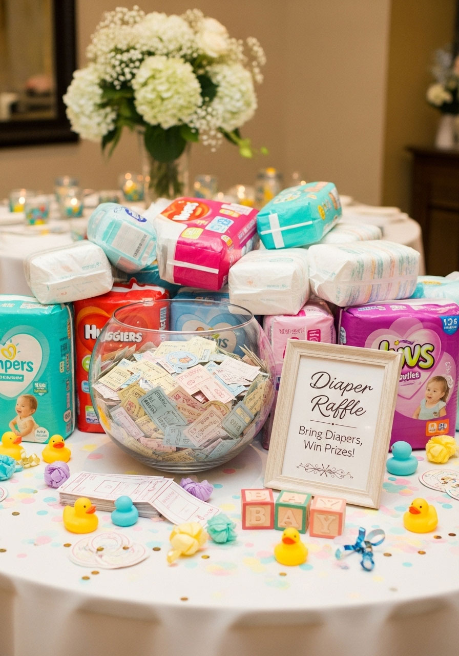A diaper raffle station with a large pile of diaper packs next to a glass bowl full of tickets, a practical activity for a baby shower.