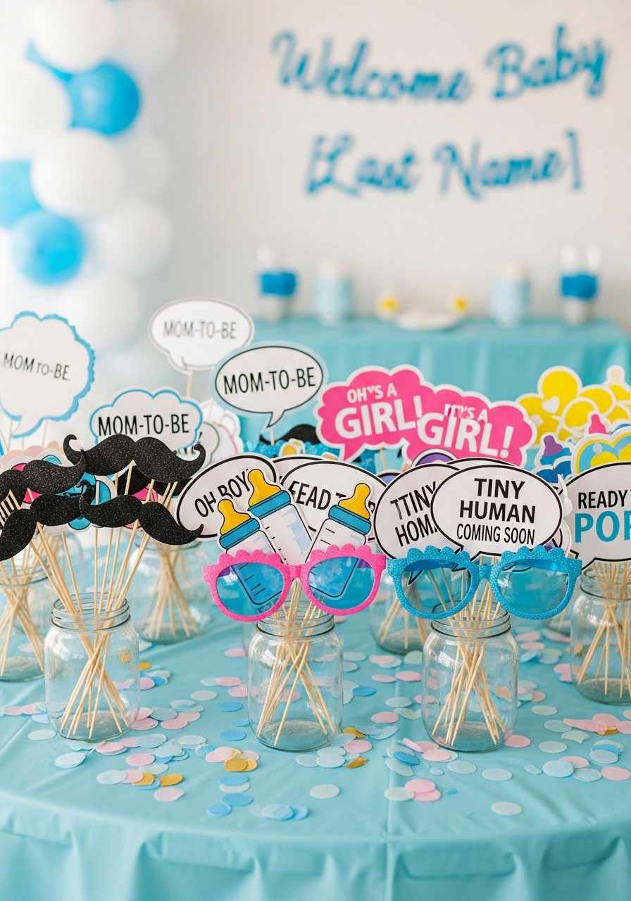 A table filled with fun and glittery DIY photo booth props like mustaches, glasses, and baby bottles made from dollar store craft supplies.