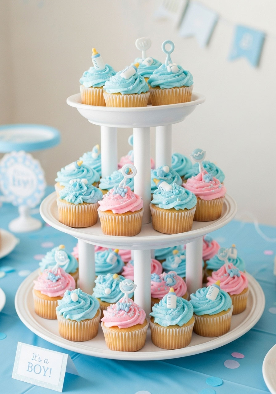 A beautiful DIY tiered treat stand made from dollar store plates and candlesticks, displaying cupcakes elegantly on a food table.