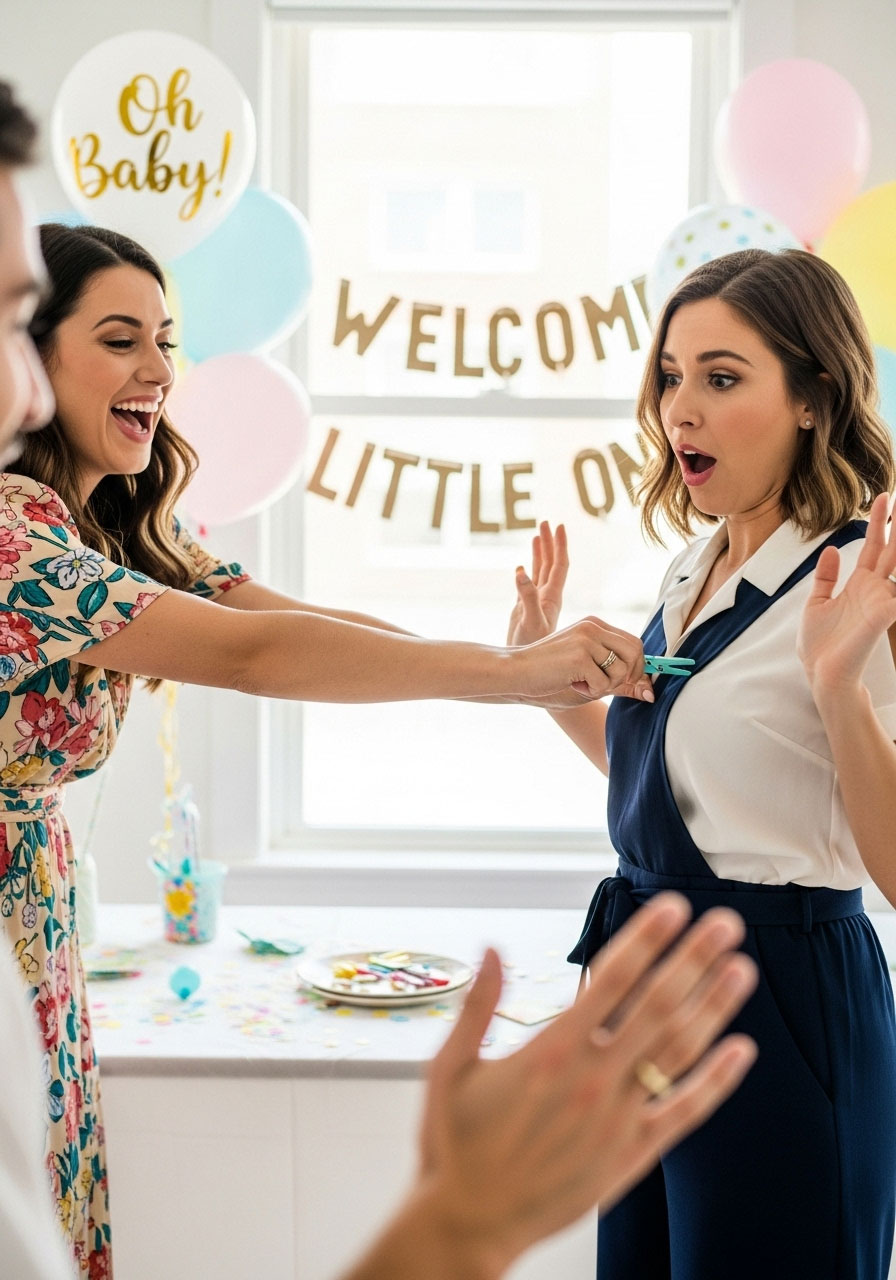 Two guests laughing while playing the 'Don't Say Baby' game, one stealing a clothespin from the other's shirt at a fun baby shower.