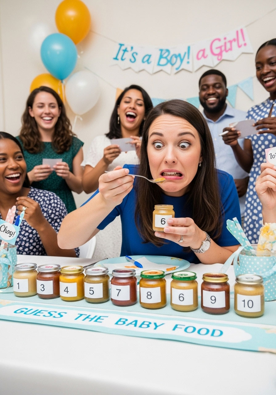 A guest making a funny face while taste-testing from an unlabeled jar during the 'Guess the Baby Food' game at a baby shower.