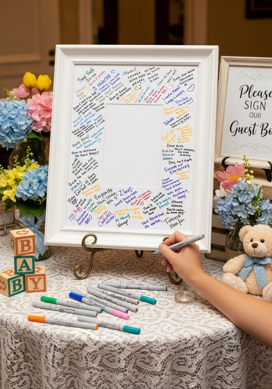 A modern guest book alternative featuring a picture frame with a wide white mat that guests are signing with well wishes for the new baby.