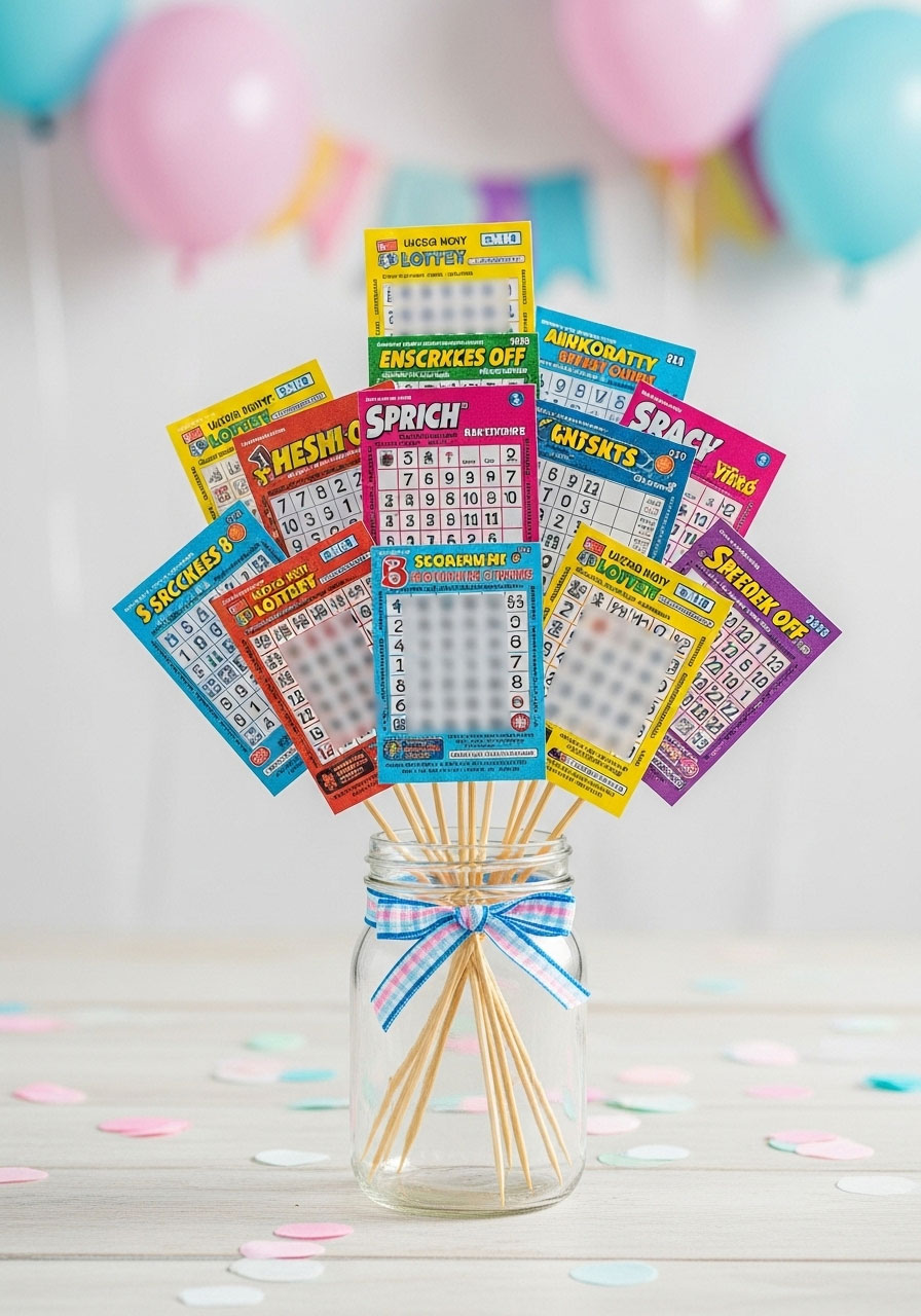 A creative game prize bouquet made of scratch-off lottery tickets attached to skewers and arranged in a small vase.