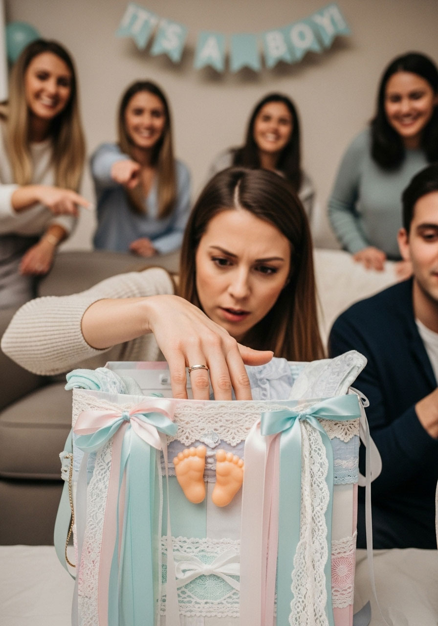 A guest feeling inside a decorated gift bag, trying to guess the contents during the 'Mystery Baby Bag' game at a baby shower.