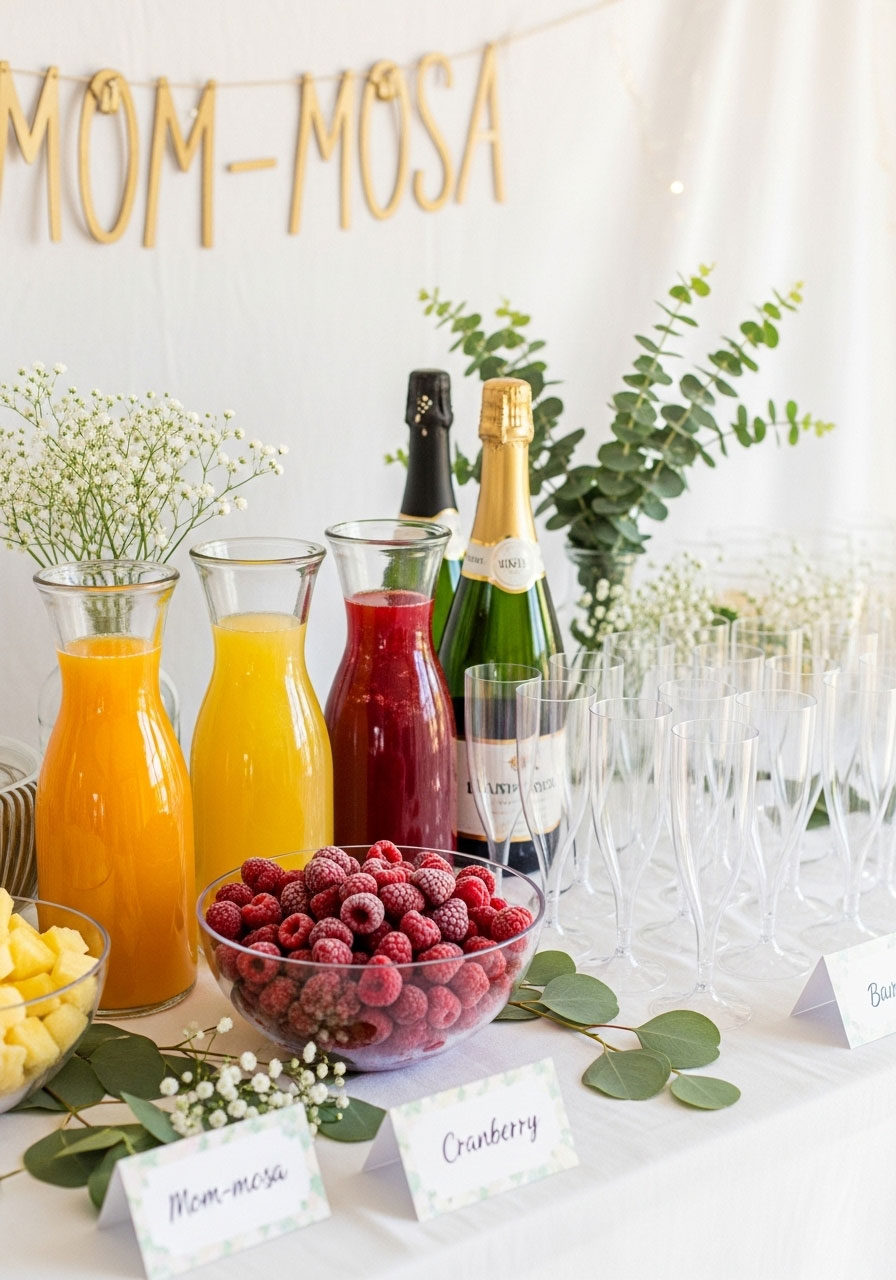 A festive, non-alcoholic 'Mom-mosa' bar with carafes of juice, sparkling cider, and plastic flutes for a self-serve drink station.