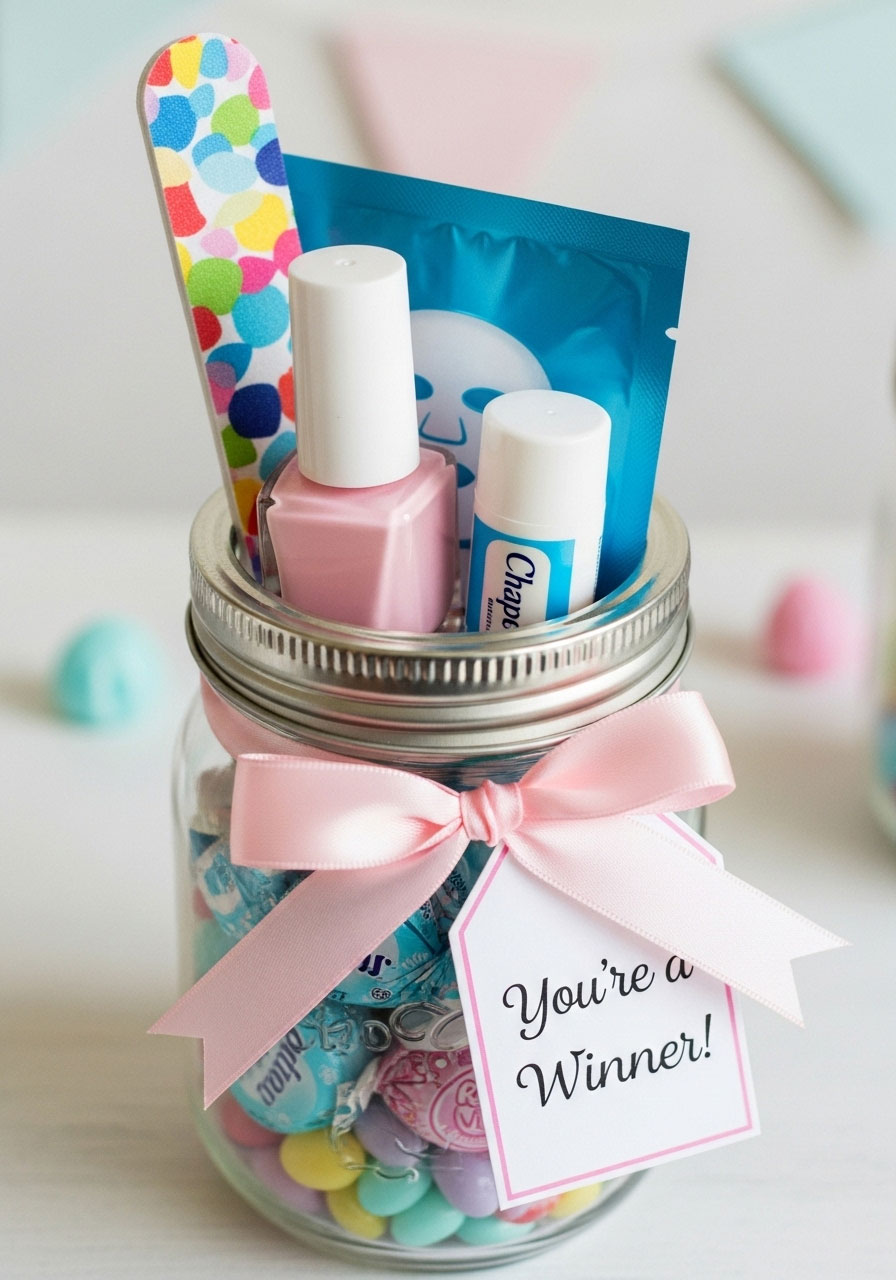 A close-up of a DIY spa-in-a-jar prize, a mason jar filled with dollar store pampering items like nail polish and a face mask.