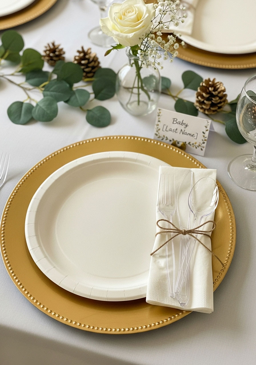 An elegant baby shower table setting featuring a gold charger, paper plate, and cutlery wrapped in a napkin and tied with twine.