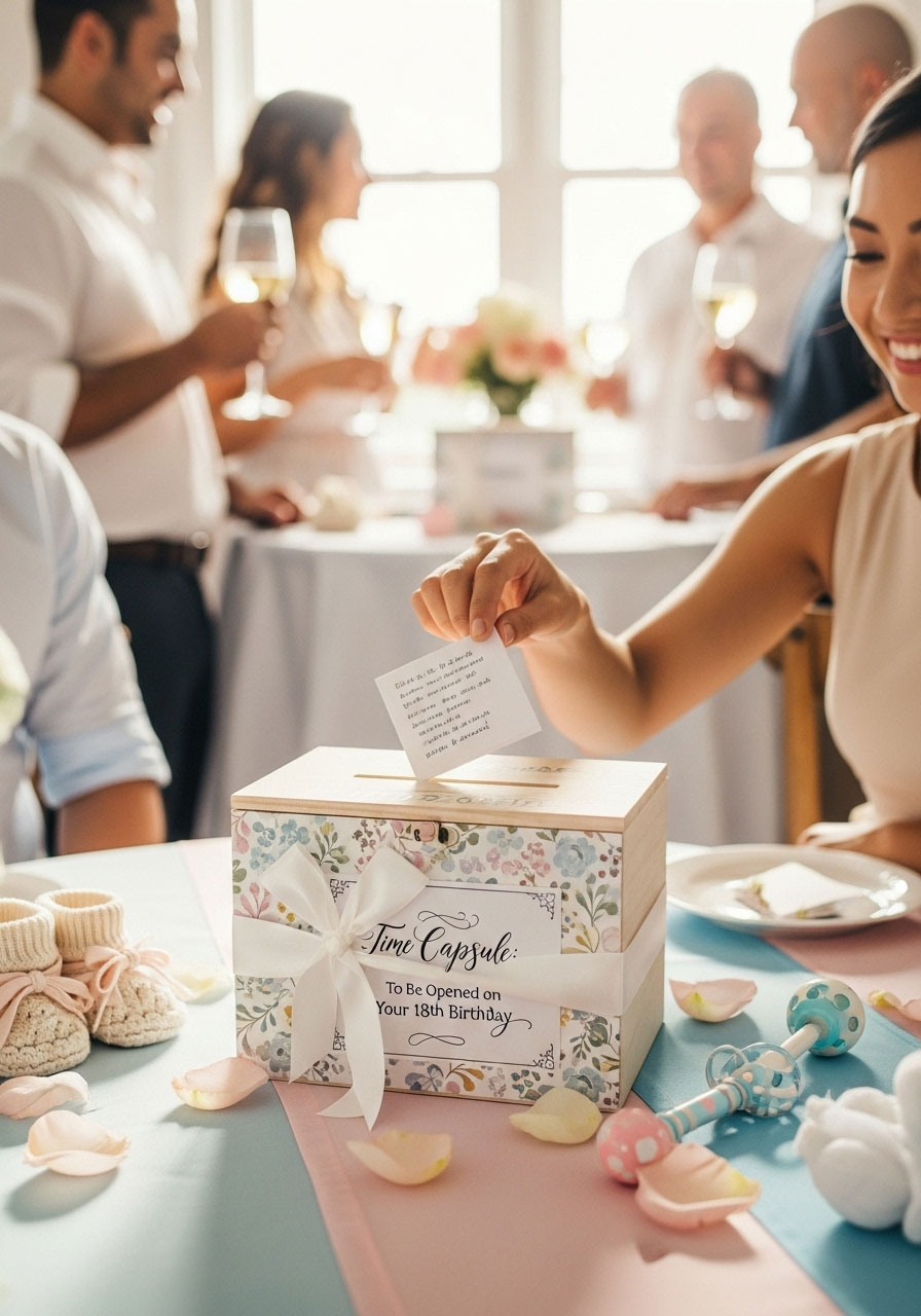 A sentimental time capsule station where guests write notes for the baby to open on their 18th birthday, a heartfelt baby shower activity.
