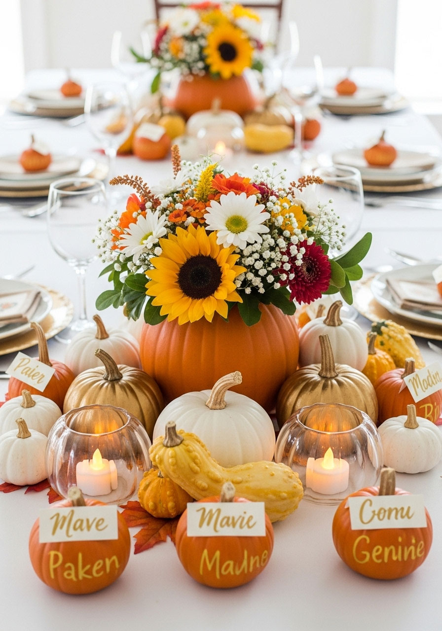 Elegant fall baby shower centerpiece with painted mini pumpkins, baby's breath vase, and glowing tea lights from dollar store materials