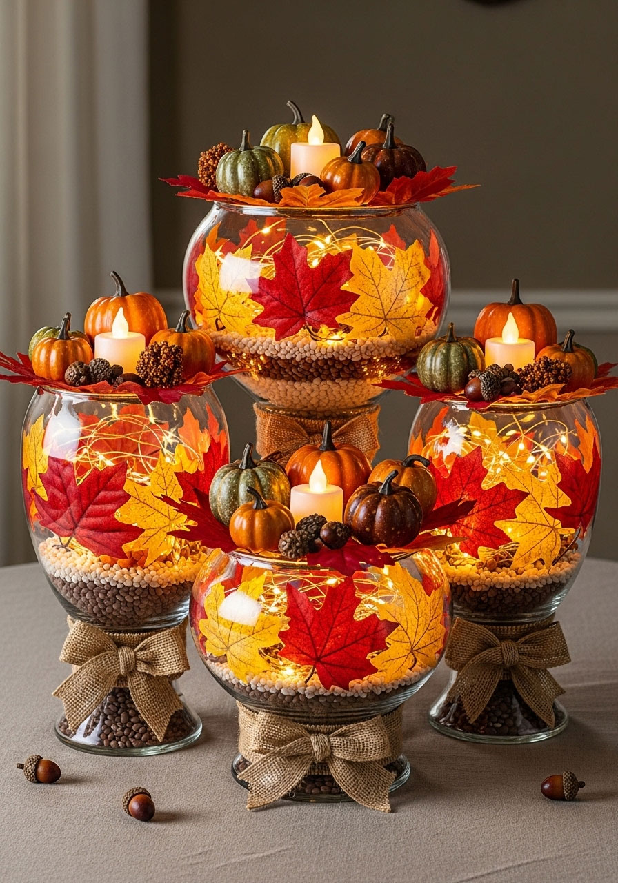 Luxurious fall baby shower centerpiece from Dollar Tree vases, filled with beans, artificial leaves, string lights, and pumpkins