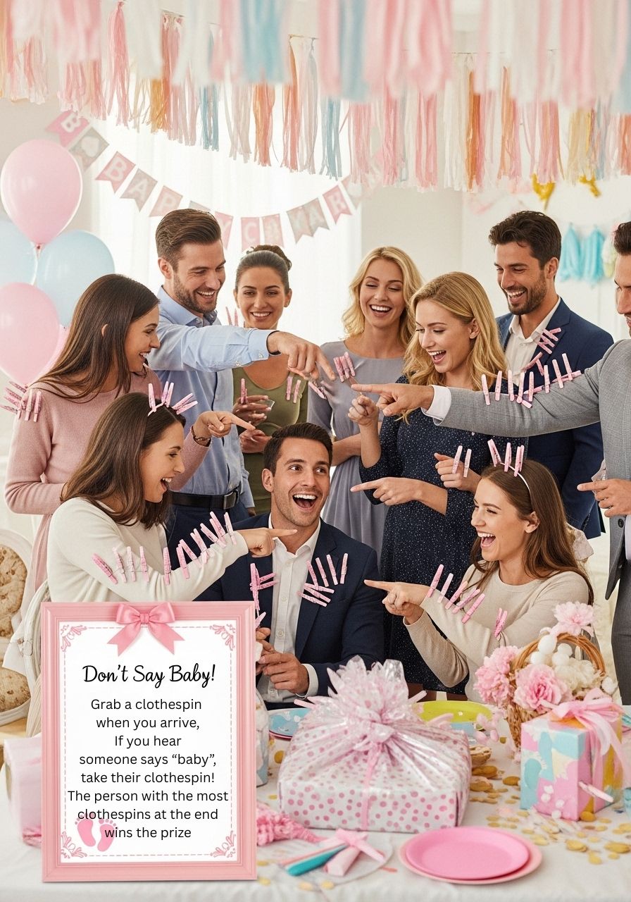 Pink glitter clothespins on guests' outfits for the "Don’t Say Baby" game, with a prize and sign at a baby girl shower.