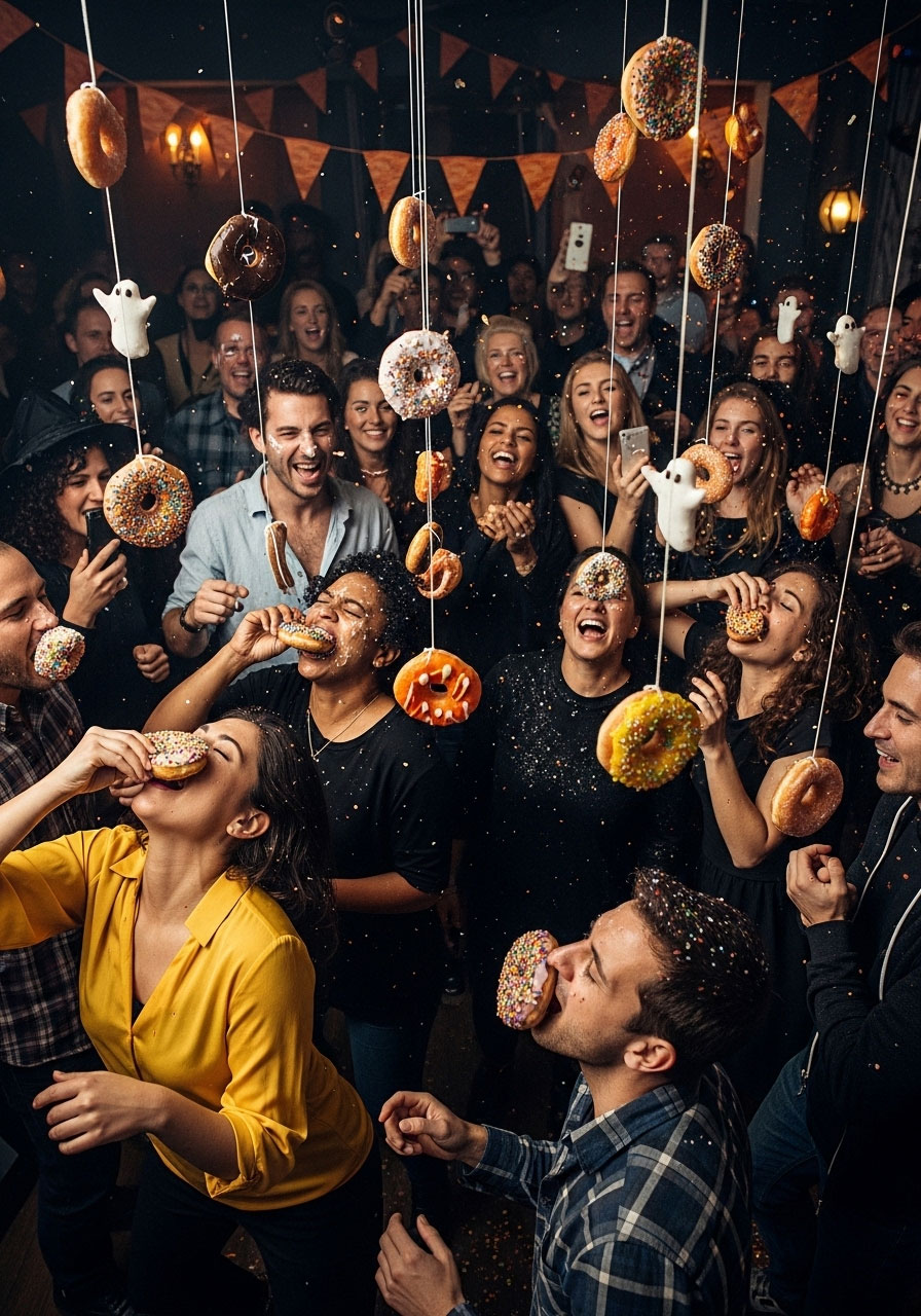 Halloween donut dash chomping carnival game with hanging donuts and contestants eating without hands at party