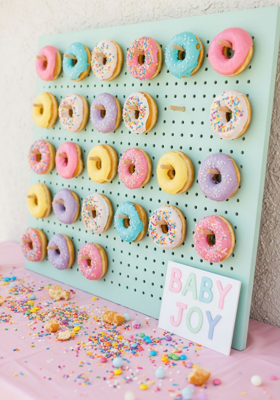 A fun, budget-friendly 'Donut Know What We'd Do' baby shower featuring a DIY donut wall instead of a cake.