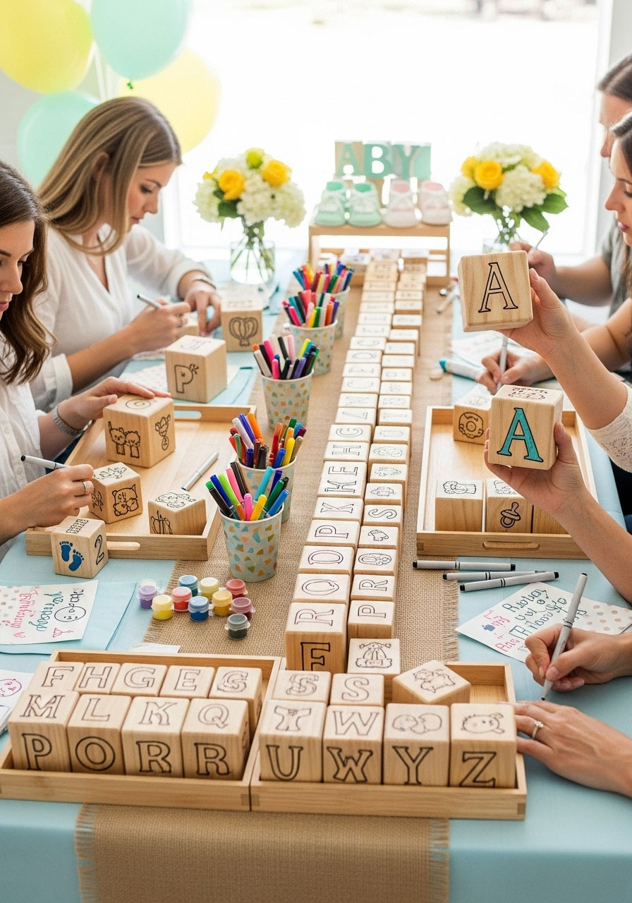 Easy DIY baby shower games: ABC Blocks Craft Station with wooden blocks and markers, guests creating personalized alphabet keepsakes