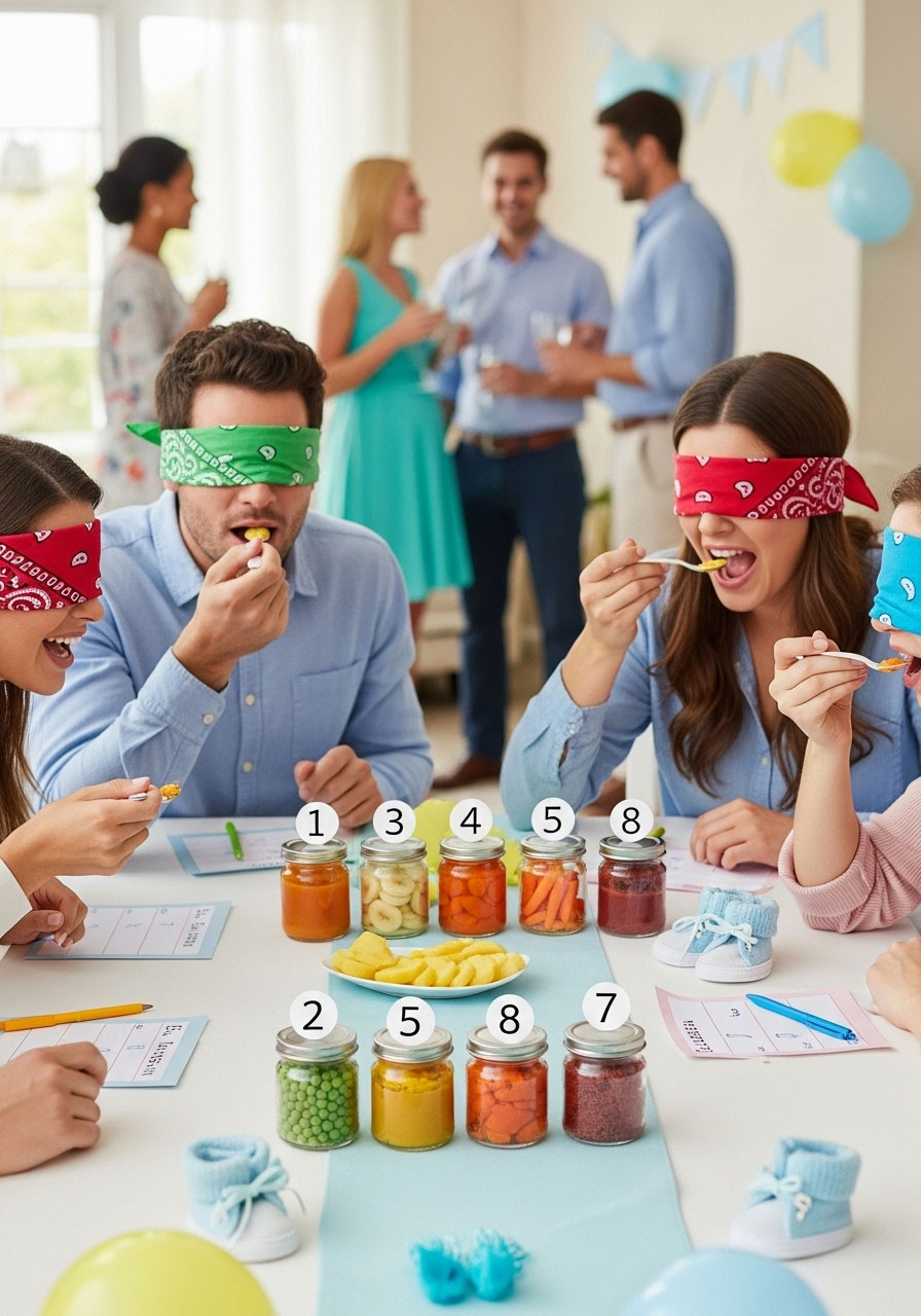 Easy DIY baby shower games: Guess the Baby Food with unlabeled jars and blindfolded tasting spoons, silly sensory challenge with funny faces