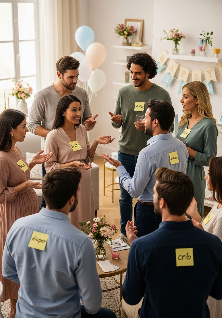 Easy DIY baby shower games: What Am I Baby Edition with sticky notes on backs like 'diaper', yes-no questions for mingling guesses