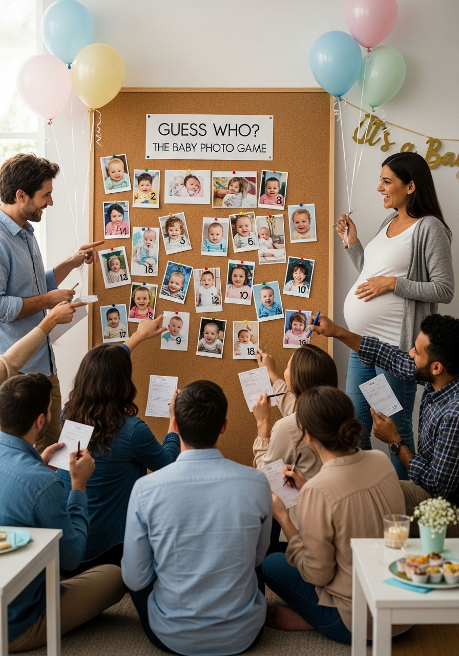 Easy DIY baby shower games: Guess Who Baby Photo Game with numbered board of guest baby pics, matching for nostalgic icebreaker