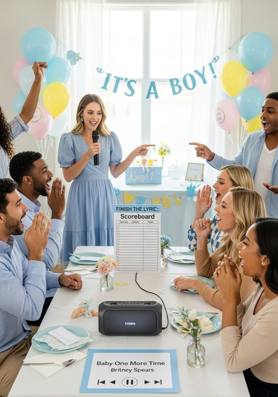 Easy DIY baby shower games: Finish the Lyric Baby Tunes pausing songs like Rock-a-bye Baby, shouting next lines for points