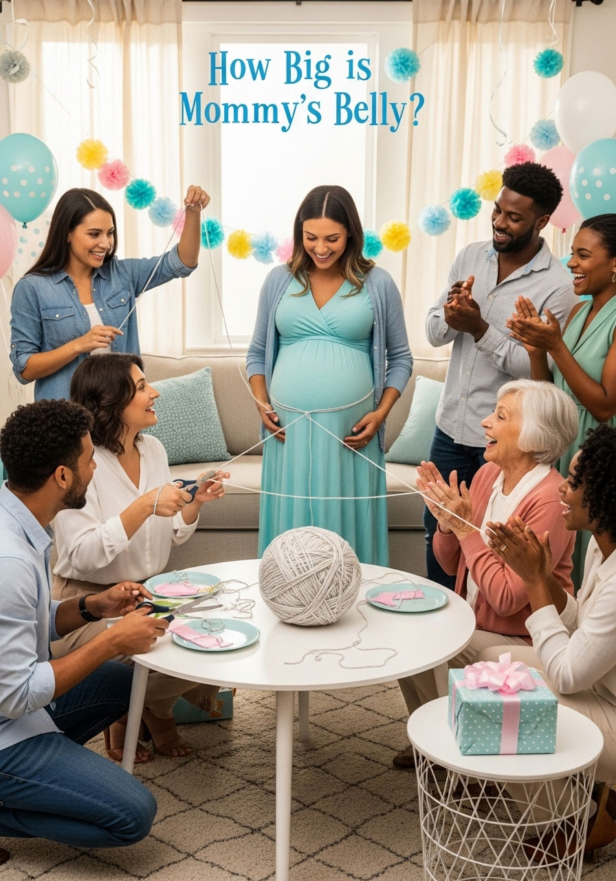 Easy DIY baby shower games: How Big is Mommy’s Belly cutting yarn to wrap around bump, closest fit wins classic measure