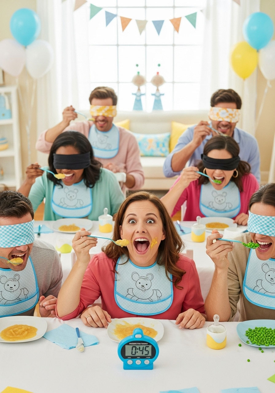 Easy DIY baby shower games: Feed the Baby Blindfolded pairs with spoon and applesauce, timed messy feeding for photo ops