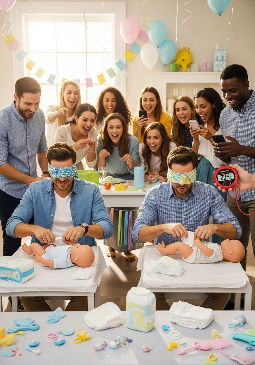 Easy DIY baby shower games: Blindfolded Diaper Changing Challenge with dolls and timers, competitive blind diapering for active fun