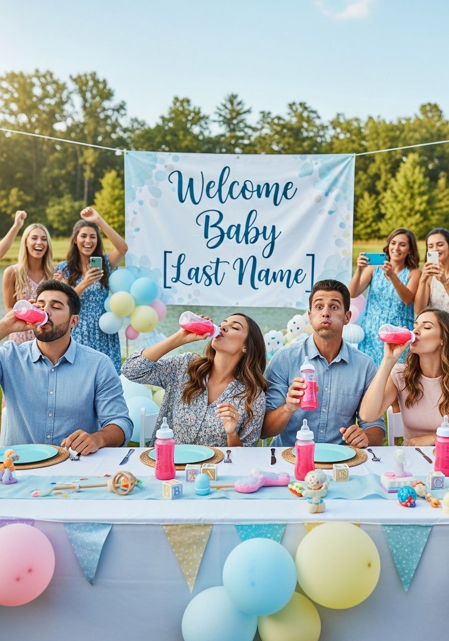 Easy DIY baby shower games: Baby Bottle Chug volunteers racing to drink juice through nipples, cheering for surprisingly tough challenge