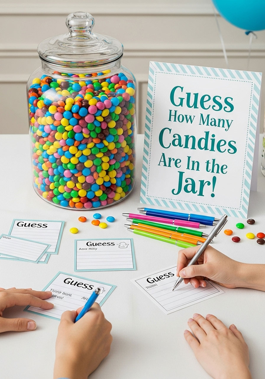 Easy DIY baby shower games: How Many Are In the Jar with colorful candy-filled jar and guess slips, passive guessing decor for the party