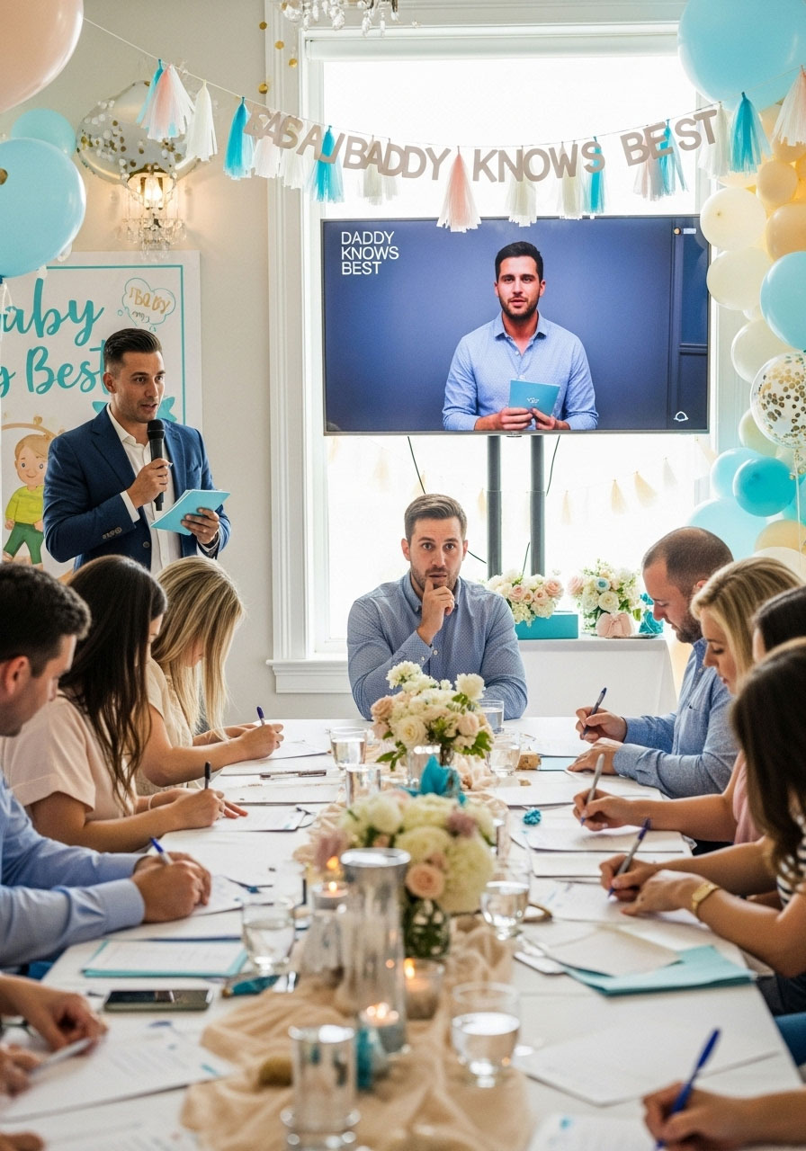 Easy DIY baby shower games: Daddy Knows Best Trivia guessing dad-to-be's answers on parenthood, fun co-ed spotlight