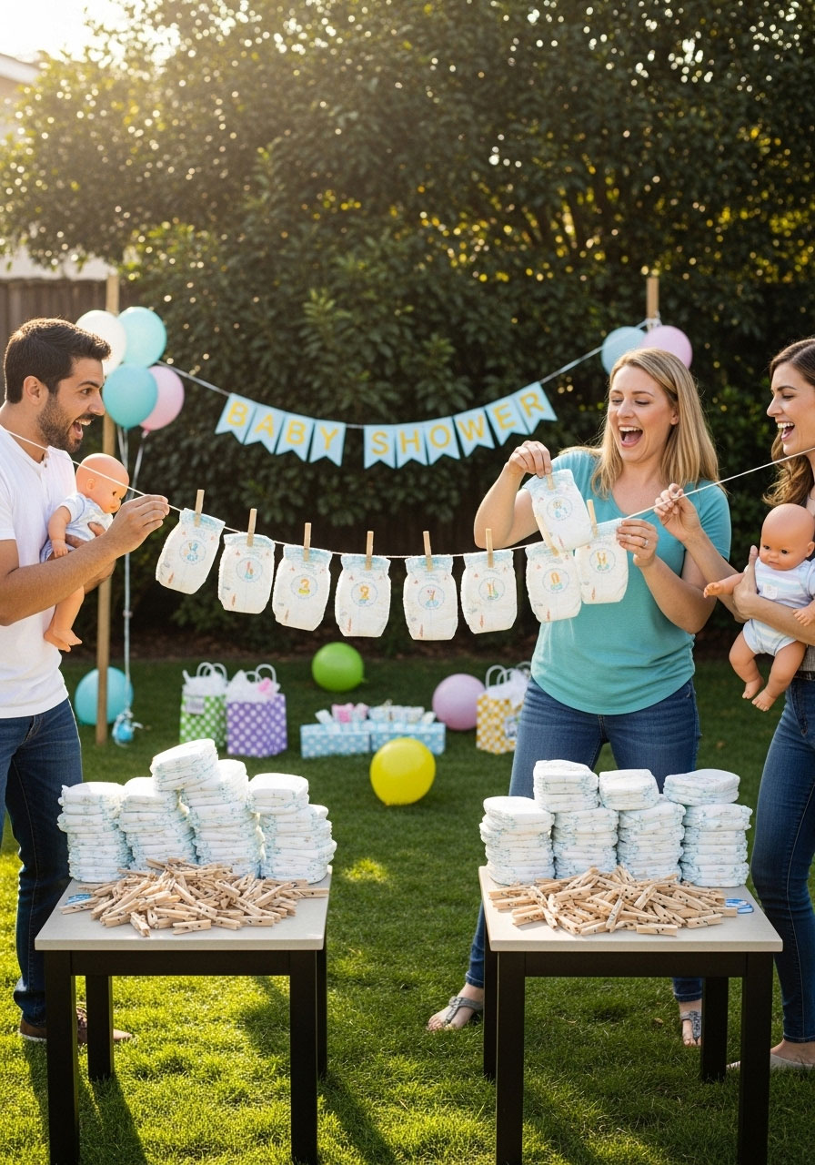 Easy DIY baby shower games: Hang the Diaper Race teams pinning newborn diapers on clothesline in one minute, speedy laundry fun