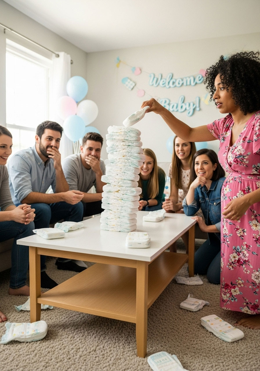 Easy DIY baby shower games: Diaper Stack Challenge circle stacking diapers like Jenga, wobbly tower until last player wins