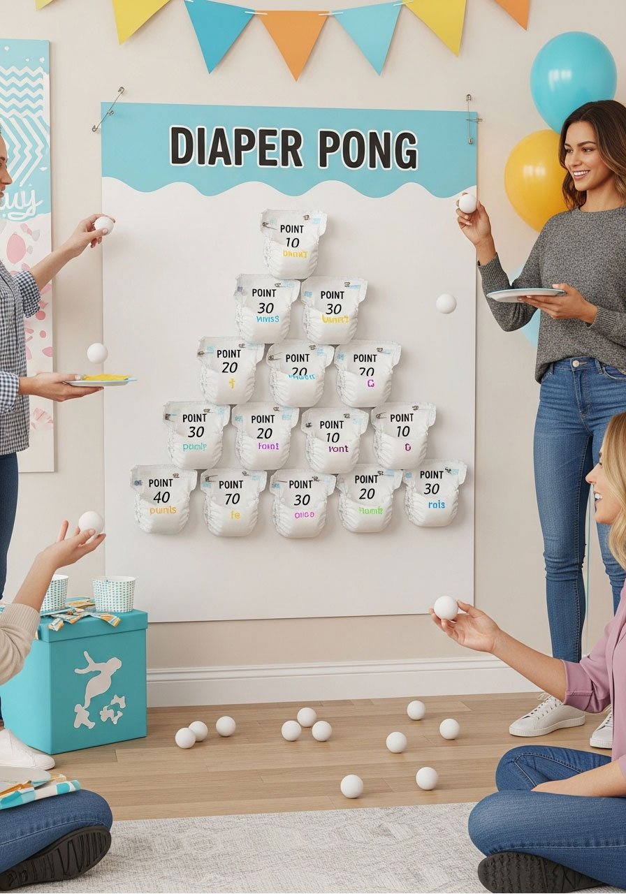 Easy DIY baby shower games: Diaper Pong setup with pyramid of diapers on poster board, ping pong balls tossed by guests for hilarious aiming fun