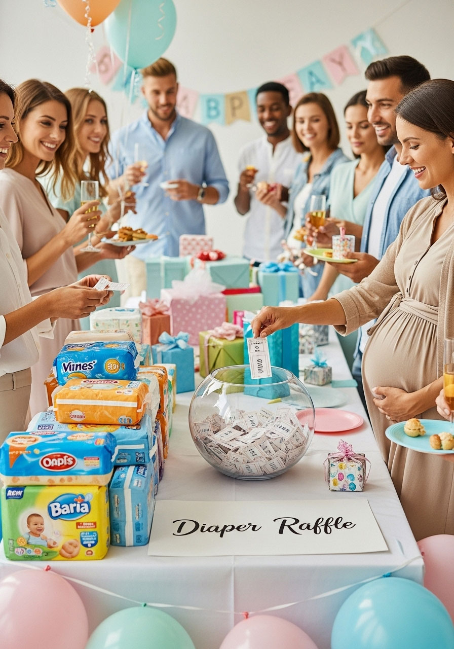 Easy DIY baby shower games: Diaper Raffle exchanging packs for tickets, mom drawing winner for practical prize stock-up