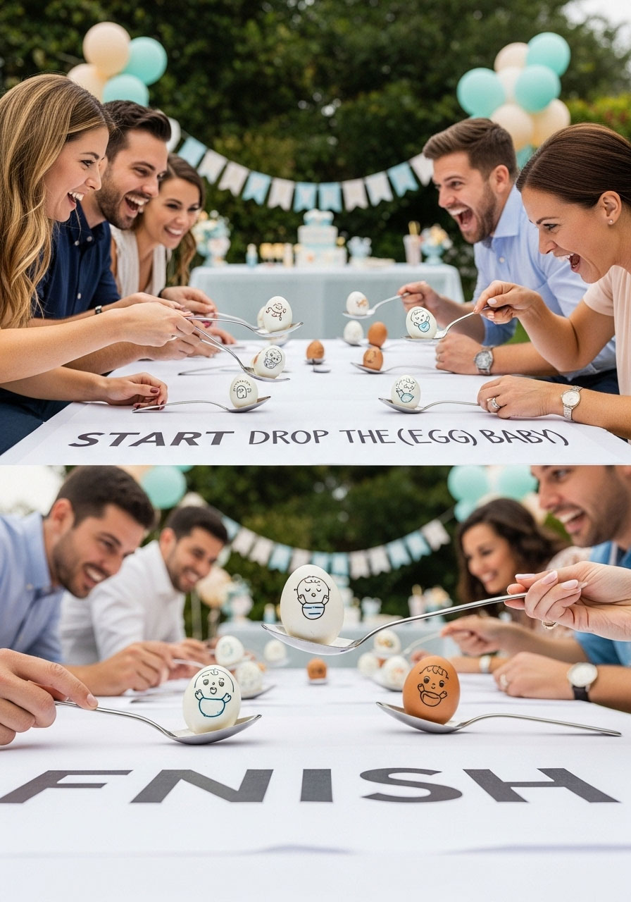 Easy DIY baby shower games: Don’t Drop the Egg Baby race with decorated eggs balanced on spoons, outdoor relay for suspenseful silliness