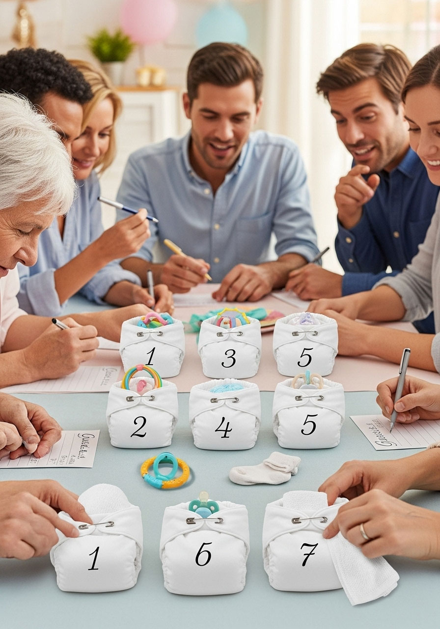 Easy DIY baby shower games: What’s in the Diaper with numbered bags hiding baby items, guests feeling to guess sensory puzzle