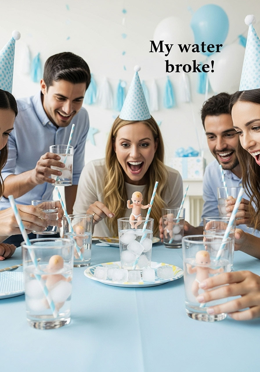 Easy DIY baby shower games: Ice Ice Baby with drinks containing frozen plastic babies, first to melt shouts 'water broke' for party laughs