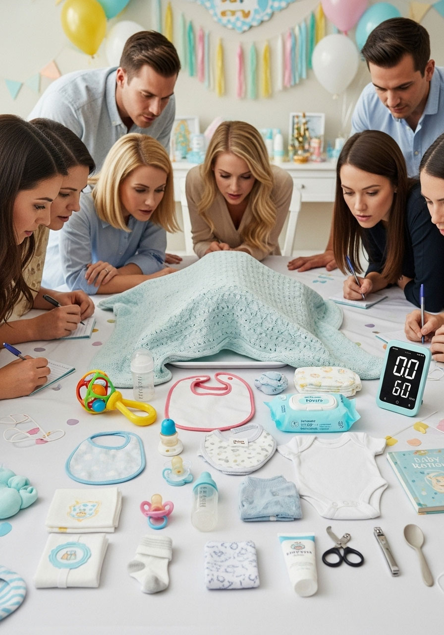 Easy DIY baby shower games: Baby Memory Game tray of 20 items shown for 60 seconds, writing recalls then gifting to parents
