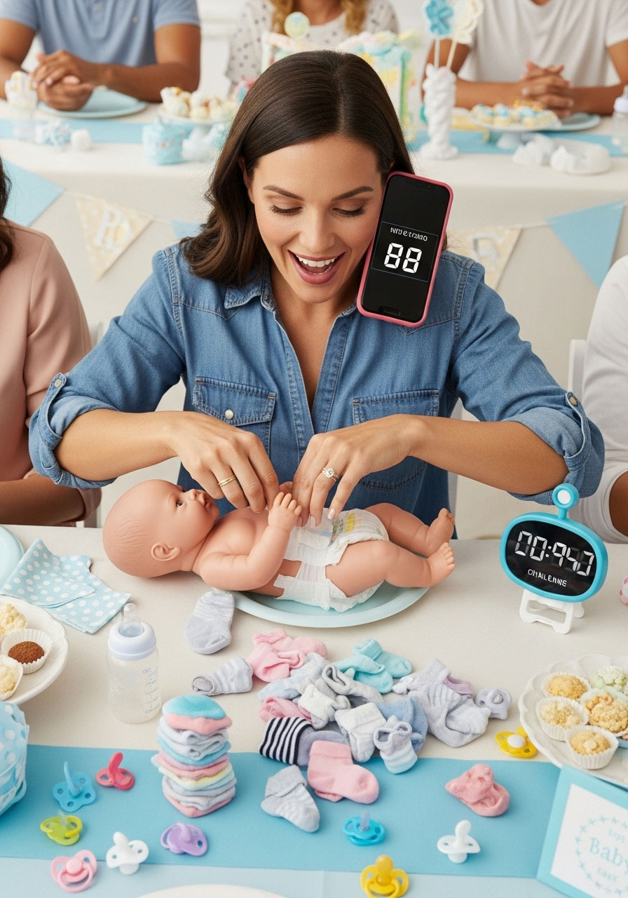 Easy DIY baby shower games: Super Parent in Training juggling phone, diaper change, and sock matching for timed multitasking