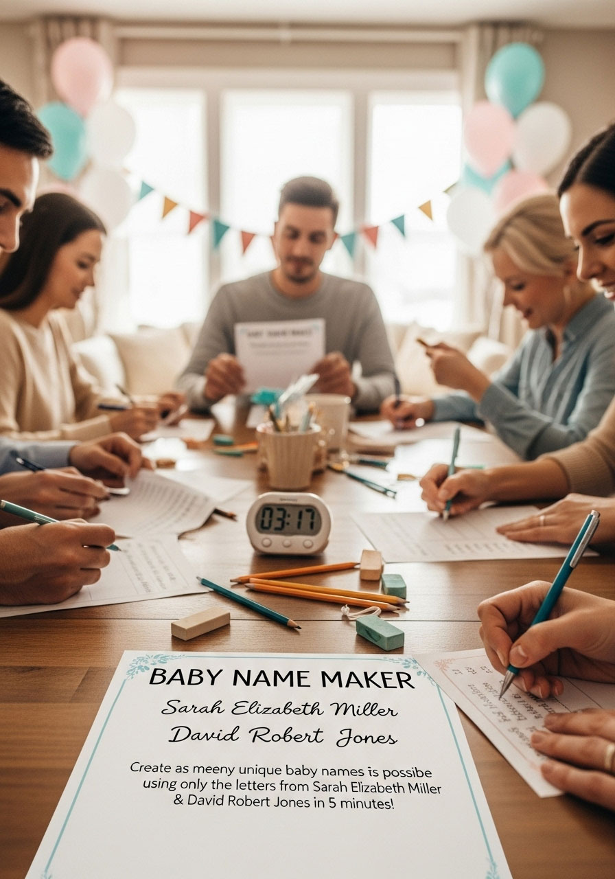 Easy DIY baby shower games: Baby Name Maker unscrambling parents' names into baby names, creative 5-minute word challenge